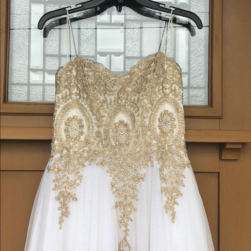 White & Gold Beaded Prom Dress